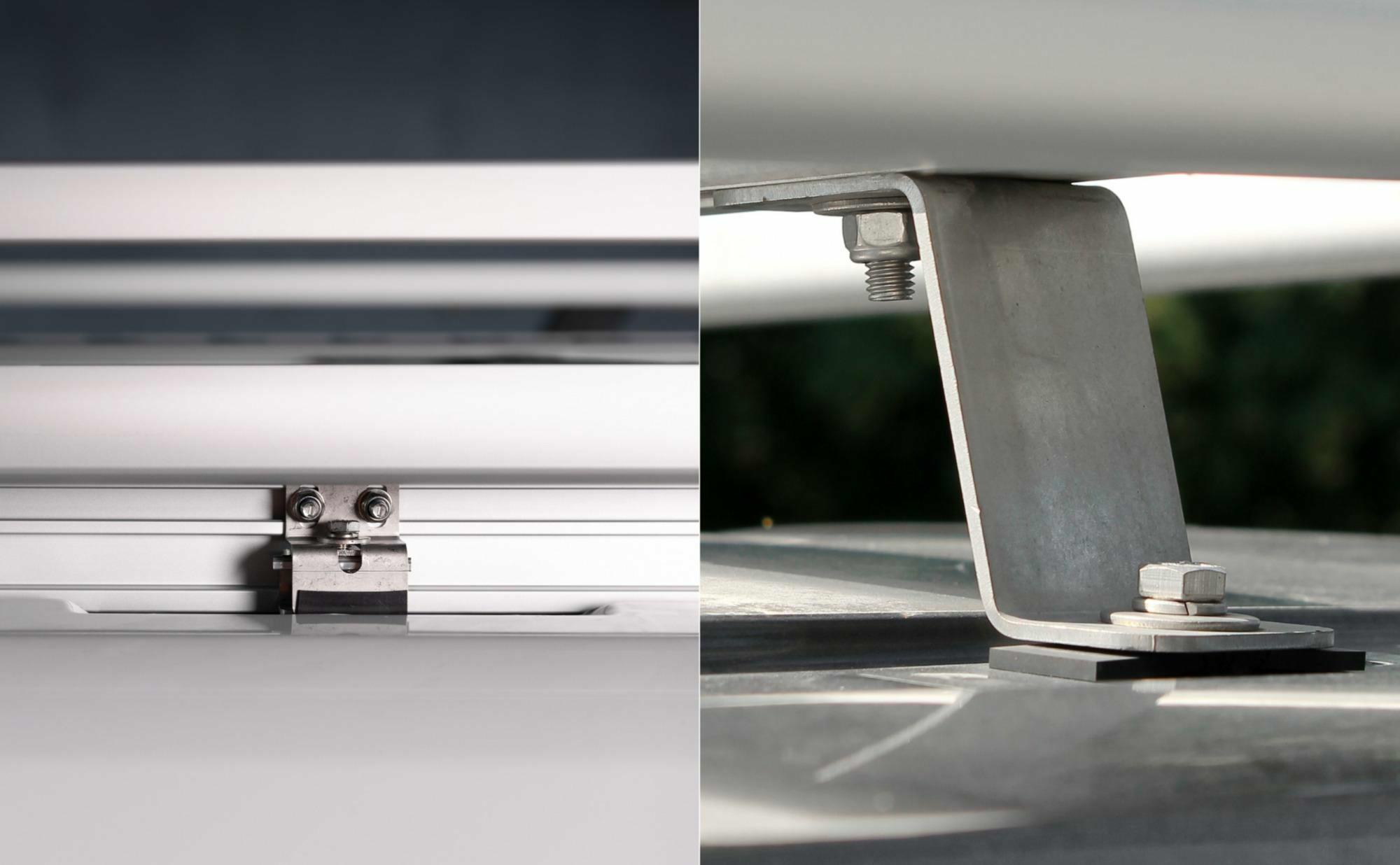 dakdrager rails (links), dakdrager steunen (rechts)